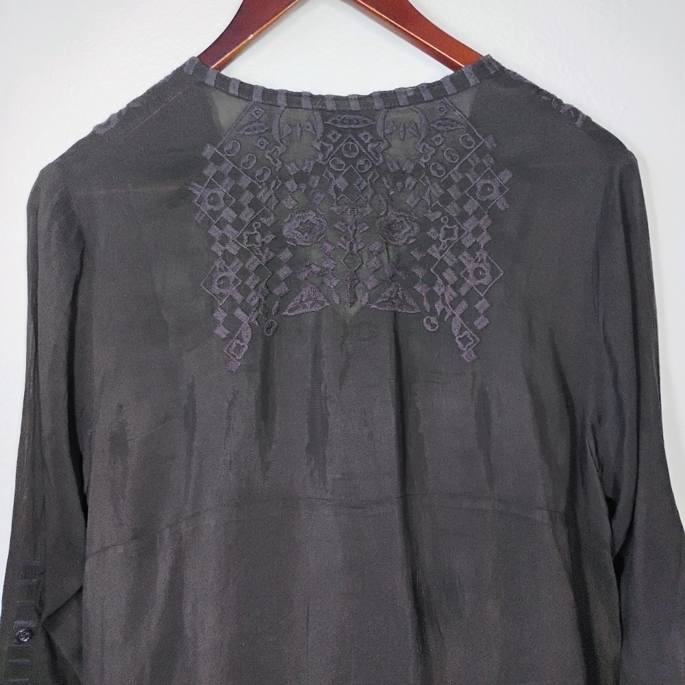 Johnny Was Rona Tunic Womens Small Black Sheer Embroidered Shark Bite Hem Boho - Picture 6 of 13